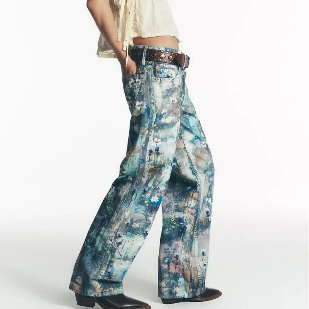 NWT Free People Tennessee Low-Rise Illusions Jeans in Floral Canvas